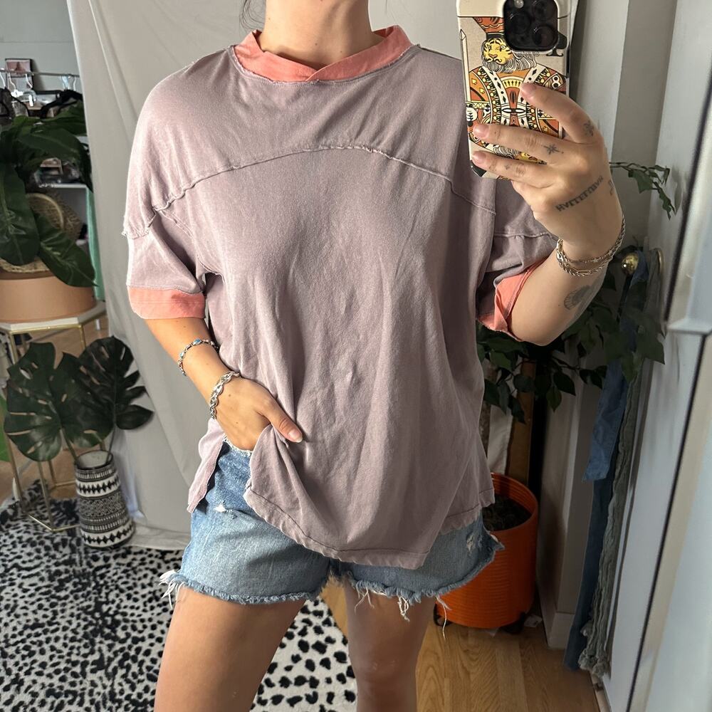 Free People Avery Crew Neck Short Sleeve Knit Tee Purple Pink Size XS
